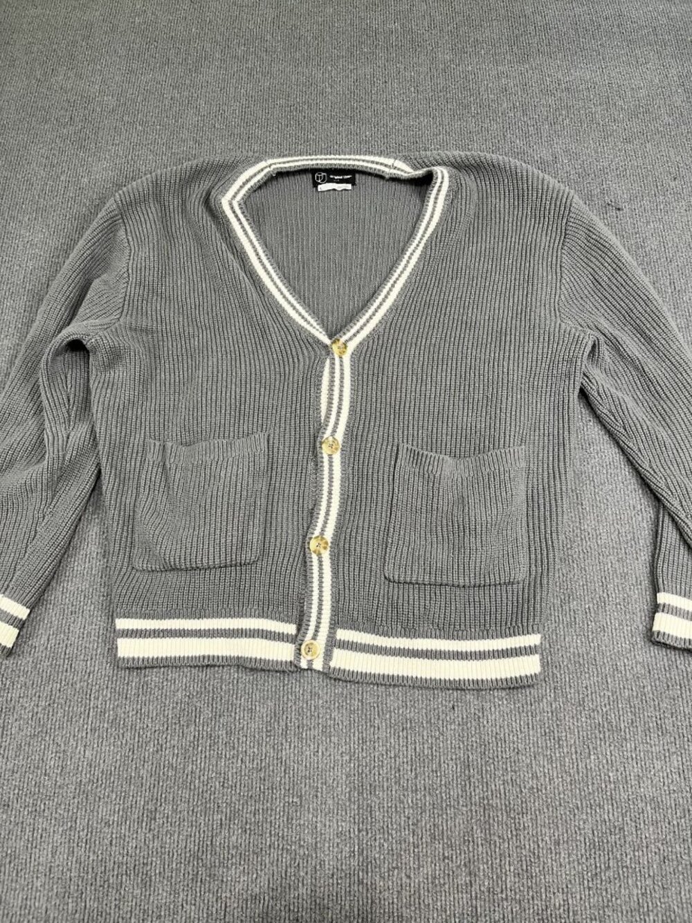 Original Use Gray Cardigan Sweater White Striped Trim Button Front Pockets L